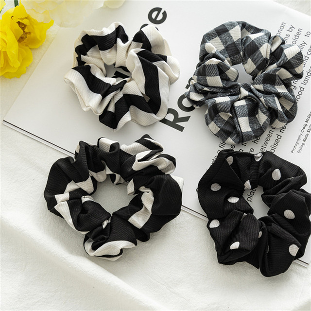 Preto branco xadrez scrunchies feminino listrado treliça bolinhas corda de  cabelo rabo de cavalo laço de